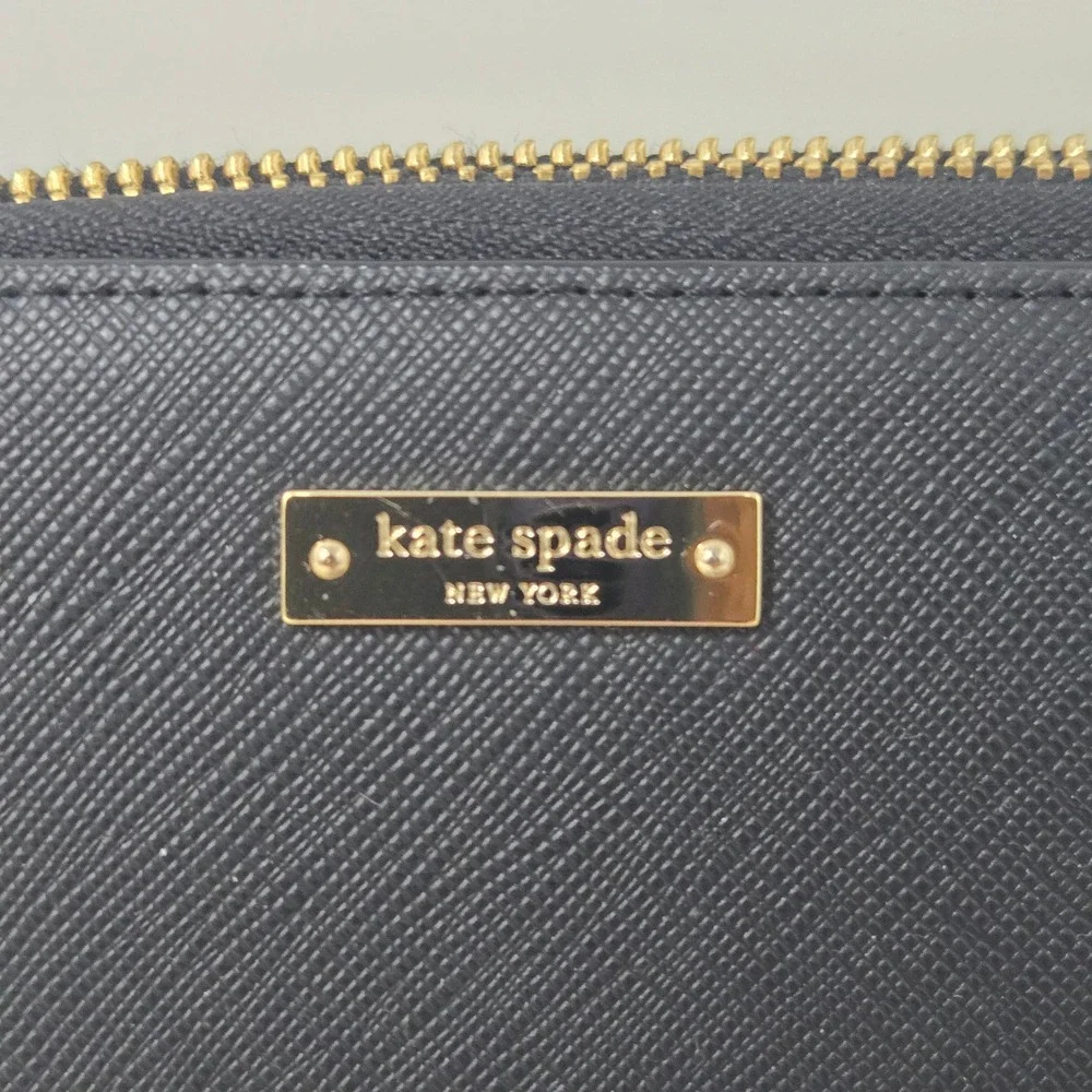 Kate Spade New York Black Saffiano Leather Zip Around Wristlet Wallet Gold Logo